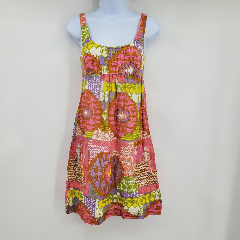 Trina Turk Pink Orange Geometric Print Cotton Empire Waist Dress Size 2